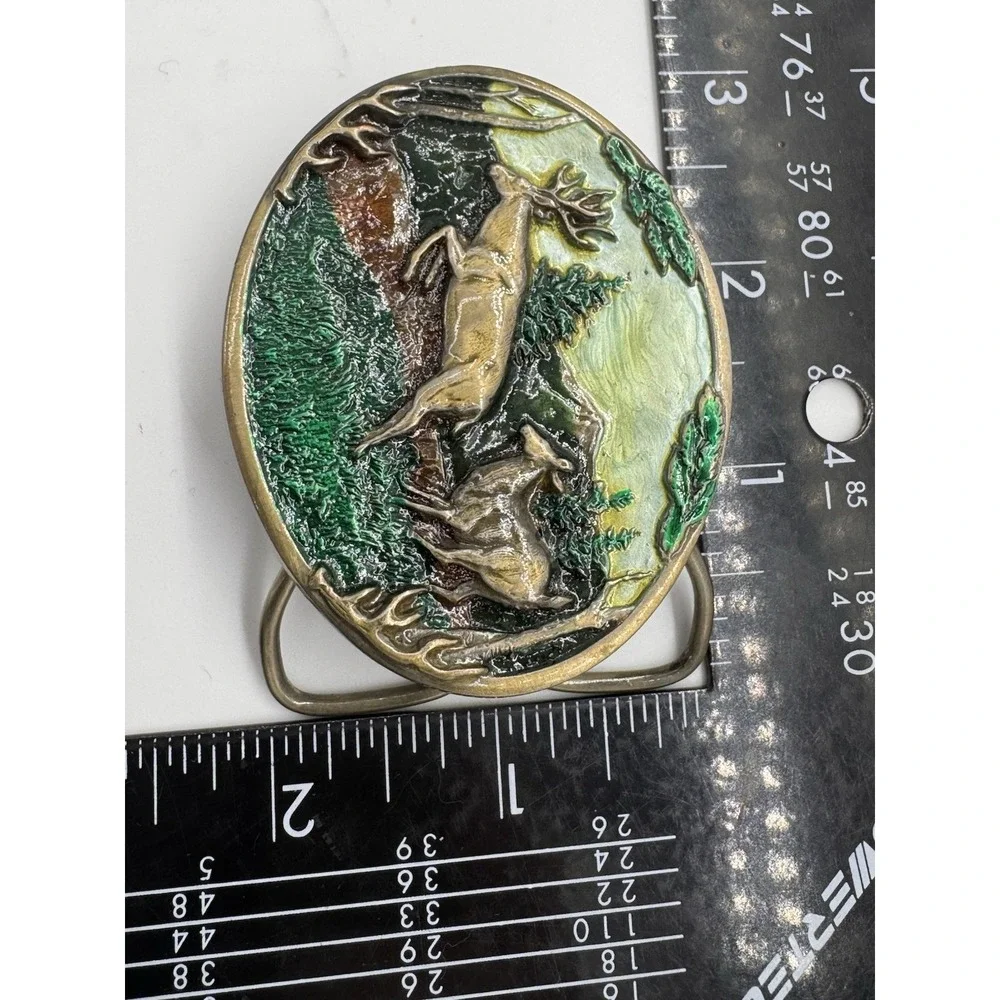 Belt Buckle Running Jumping Deer Buck Wildlife Hunting Western VTG 1985 C+J‎ USA